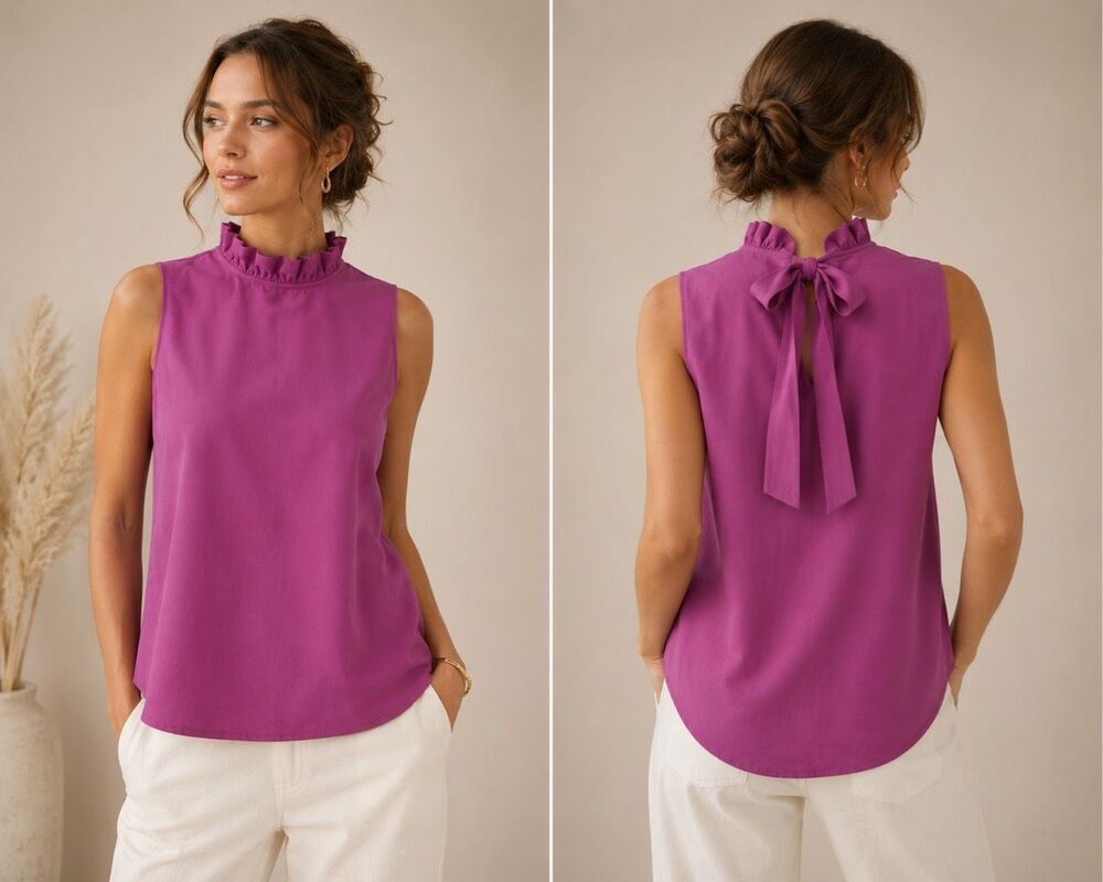 Tyler Boë Orchid Ruffle Neck Bow Back Sleeveless Blouse Size Large